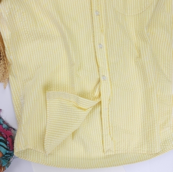 New Lands End Men's Seersucker Yellow White Striped Short Sleeve Shirt Sz M - Picture 5 of 11